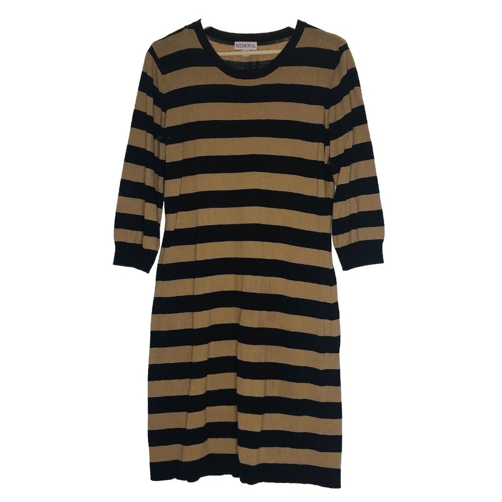 Merona Women Brown Black Sweater Dress XL Stripe 3/4 Sleeve Travel Summer Casual